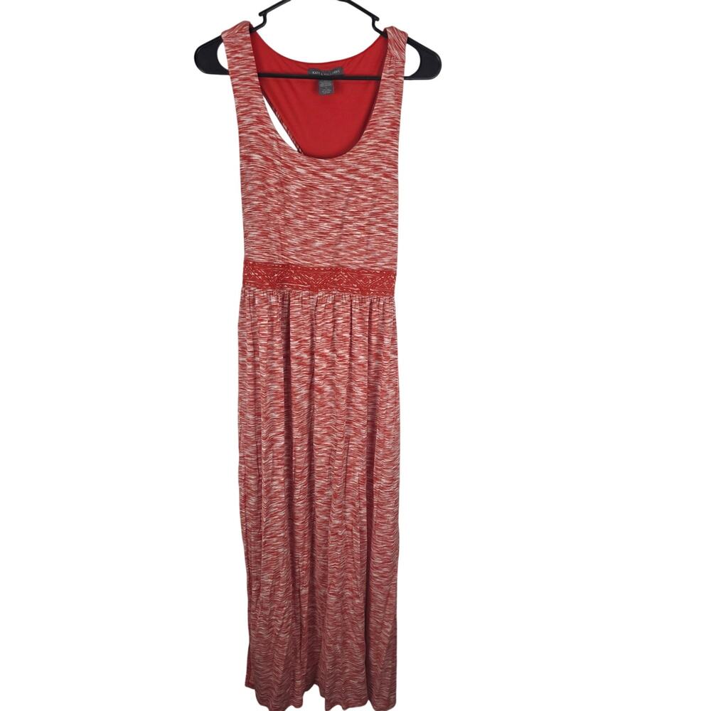 Kate & Mallory Long Length Modest Dress L Womens Orange White Stretchy Beachy